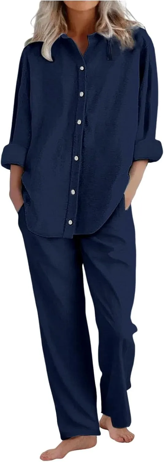 Suits for Women 2 Piece Set Cotton Linen Oversized Short Sleeve Blazer and Wide Leg Pants Business Office Lungewear
