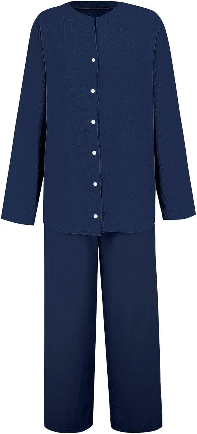 Suits for Women 2 Piece Set Cotton Linen Oversized Short Sleeve Blazer and Wide Leg Pants Business Office Lungewear