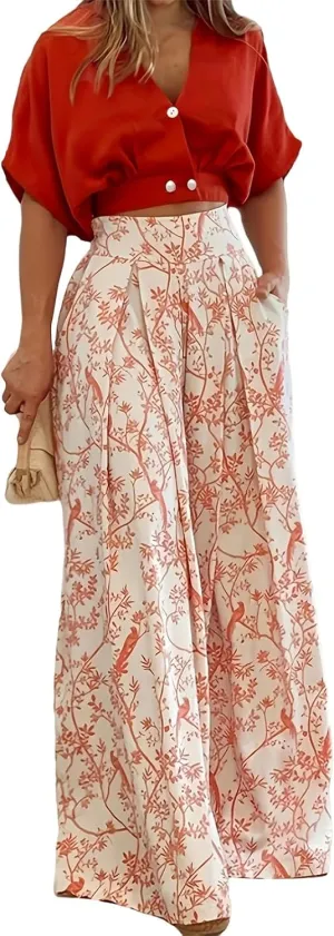 Summer 2 Piece Sets for Women Floral Outfits V Neck Batwing Sleeve Shirts Flower Print Wide Leg Pants Business Suit