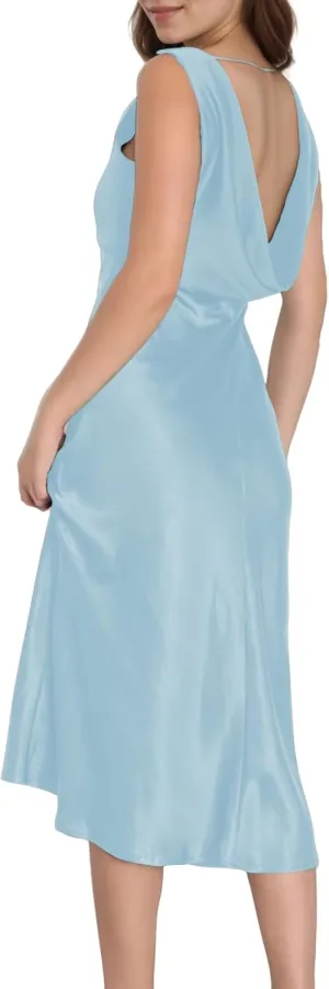 Summer Satin V Neck Backless Midi Dresses for Women 2025 Silky A line Formal Low Back Sleeveless Wedding Guest Long Dress