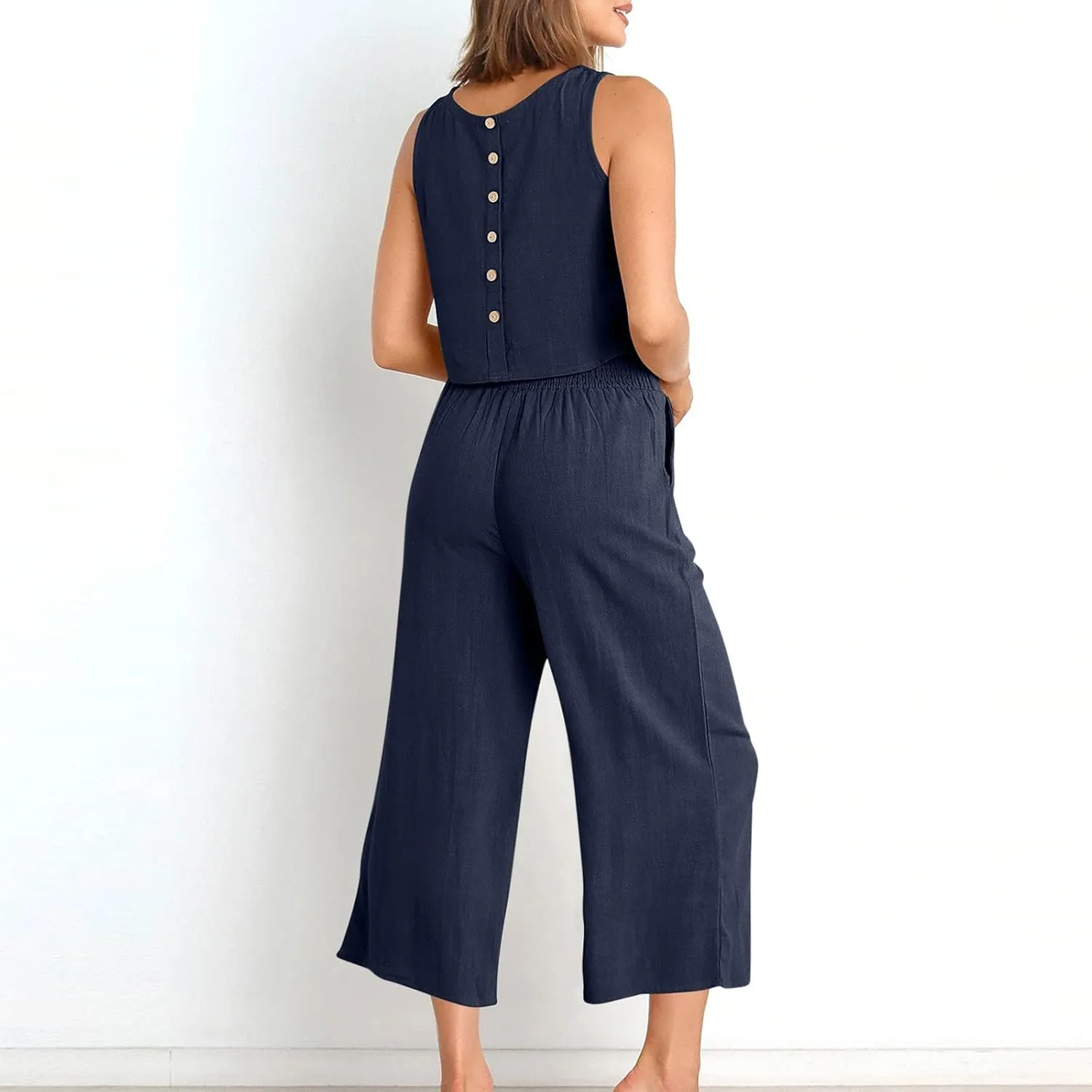 Summer Vacation 2 Piece Outfits For Women 2024 Sleeveless Crop Top Capri Wide Leg Pants Matching Lounge Set Linen Sets
