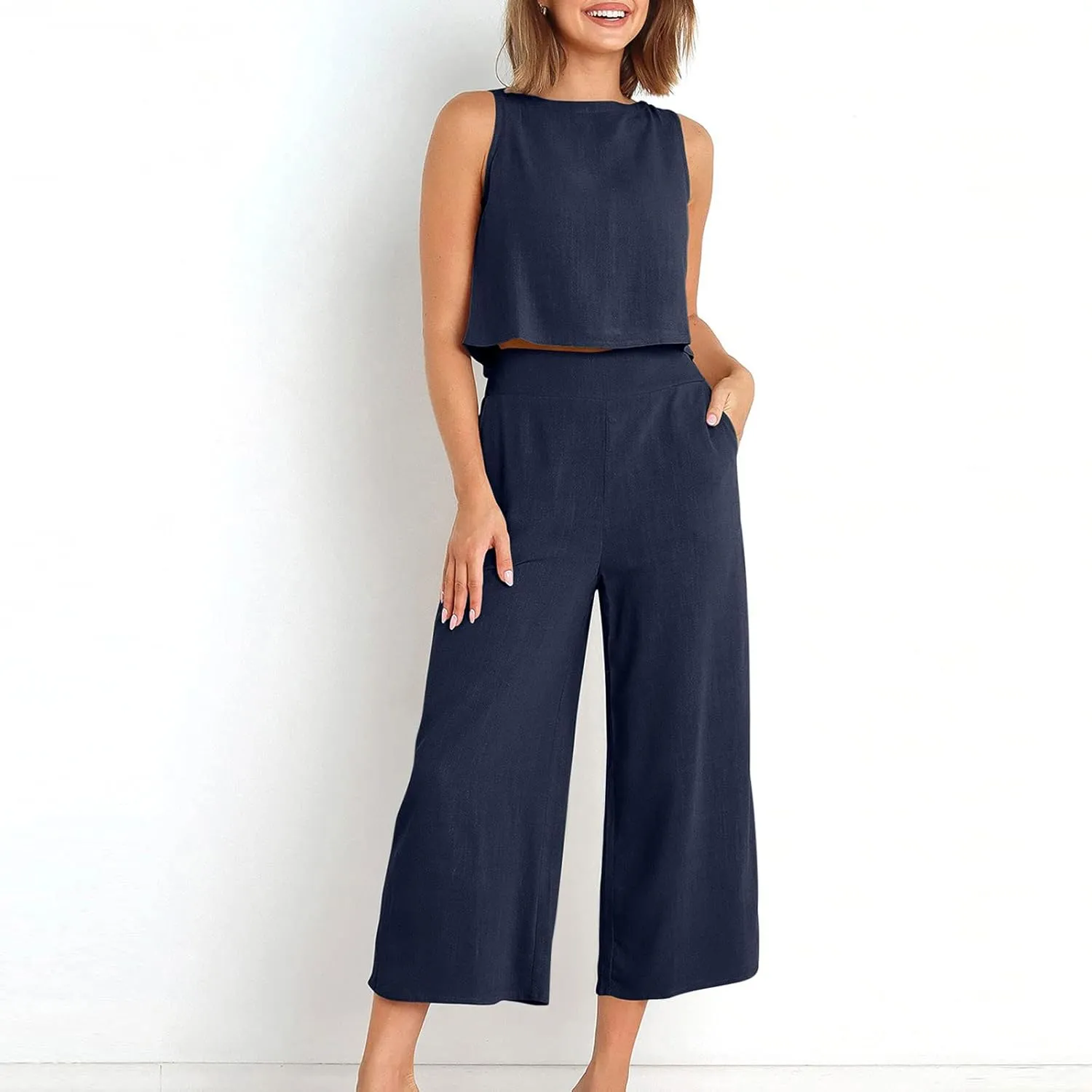 Summer Vacation 2 Piece Outfits For Women 2024 Sleeveless Crop Top Capri Wide Leg Pants Matching Lounge Set Linen Sets