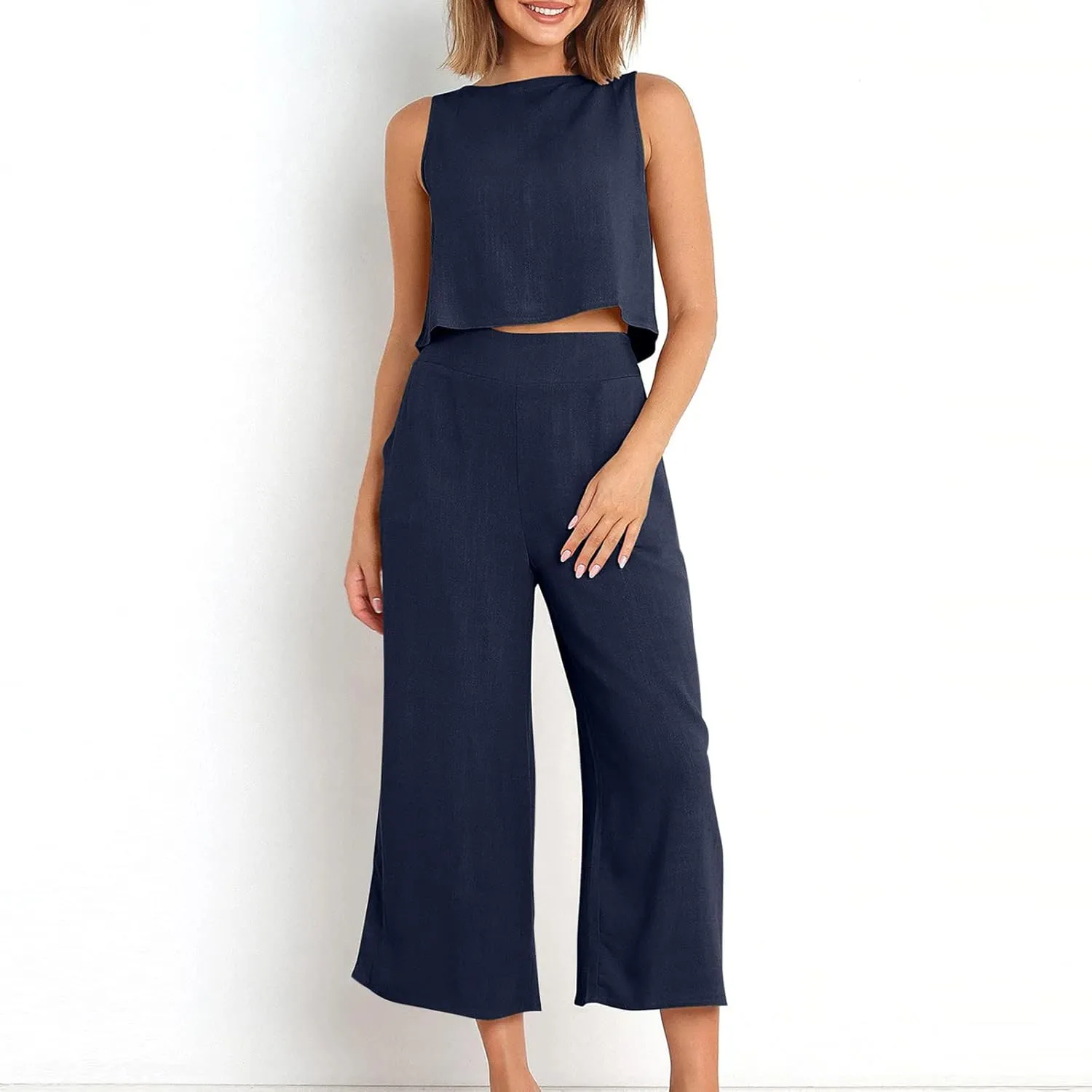 Summer Vacation 2 Piece Outfits For Women 2024 Sleeveless Crop Top Capri Wide Leg Pants Matching Lounge Set Linen Sets