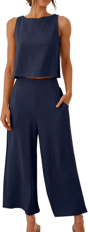 Summer Vacation 2 Piece Outfits For Women 2024 Sleeveless Crop Top Capri Wide Leg Pants Matching Lounge Set Linen Sets