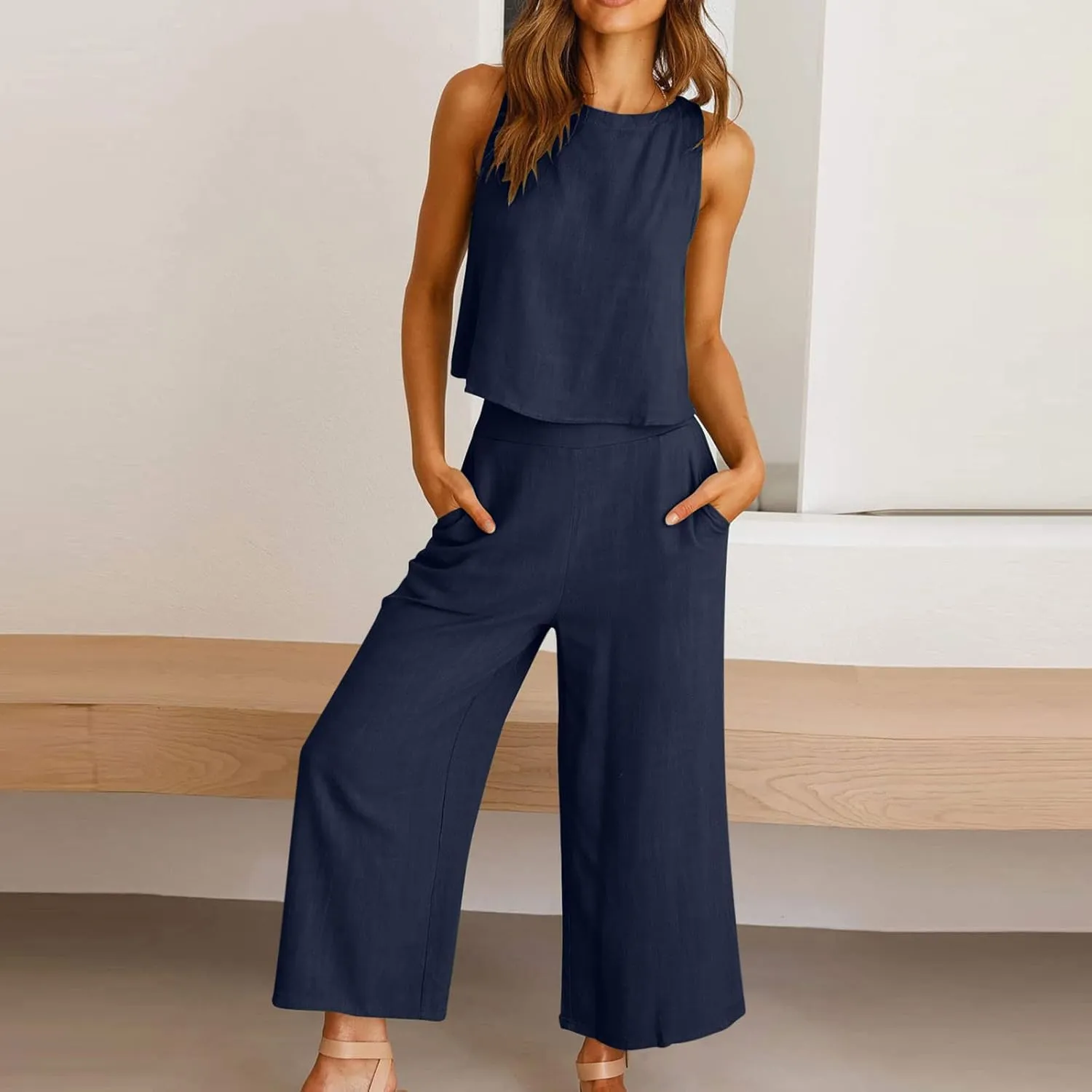 Summer Vacation 2 Piece Outfits For Women 2024 Sleeveless Crop Top Capri Wide Leg Pants Matching Lounge Set Linen Sets