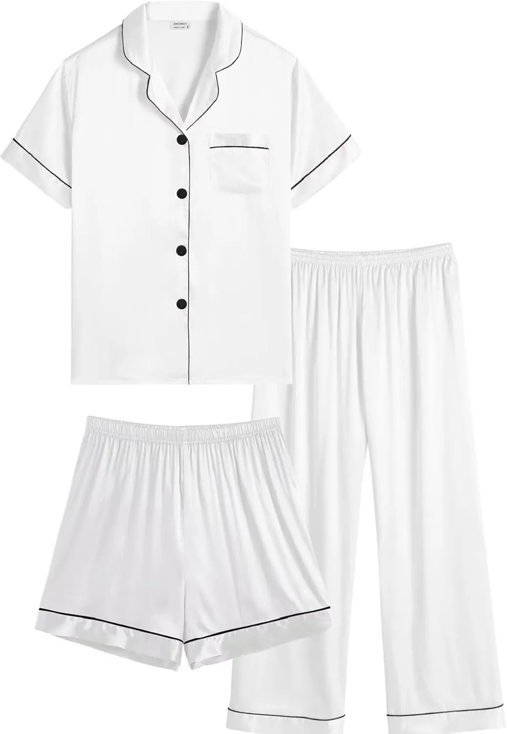 SWOMOG Kids Silk Pajamas 3 Piece Girls Boys Satin Pajamas Set Button-Down PJs Set Soft Loungewear Short Sleeve Sleepwear