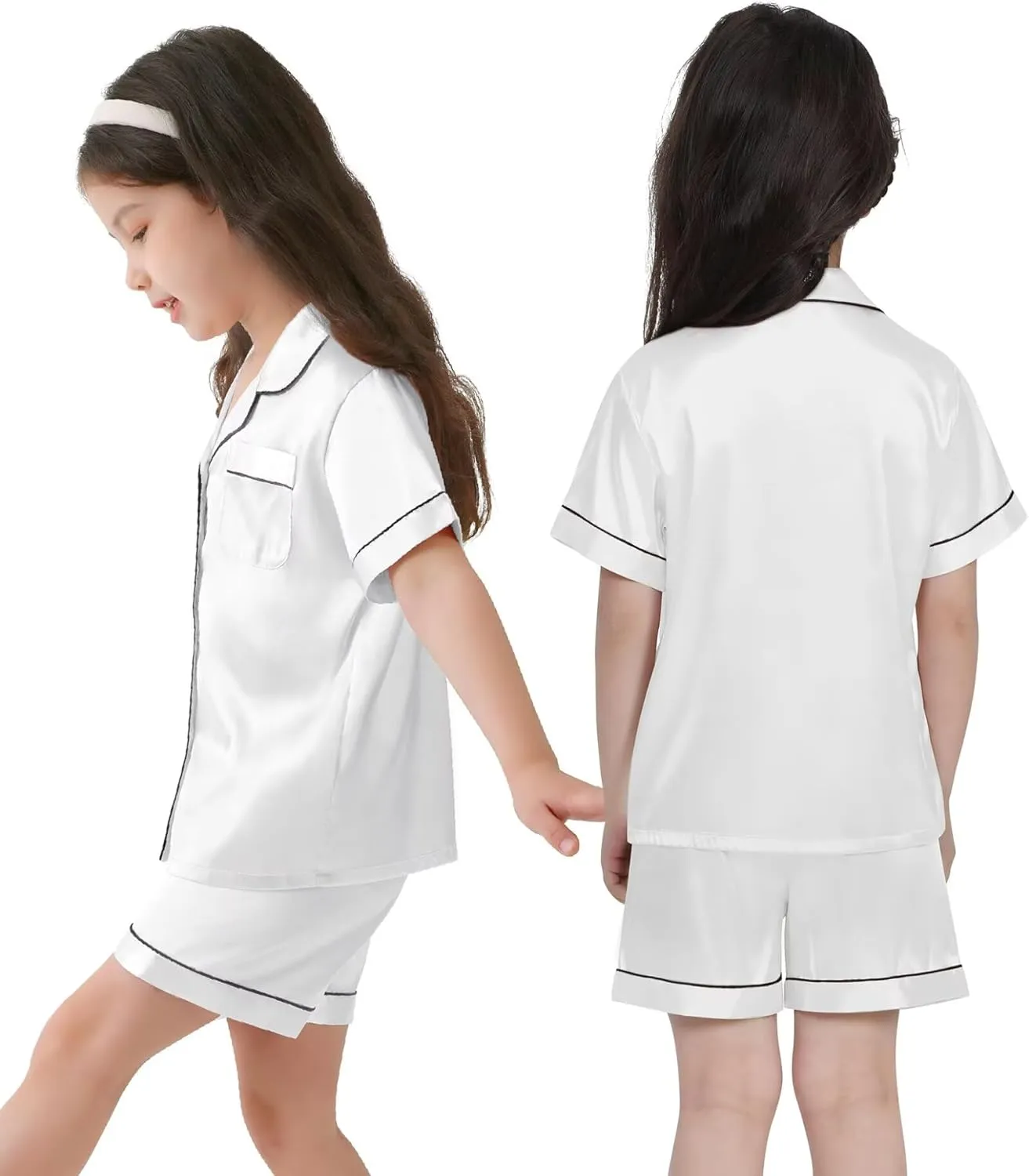 SWOMOG Kids Silk Pajamas 3 Piece Girls Boys Satin Pajamas Set Button-Down PJs Set Soft Loungewear Short Sleeve Sleepwear