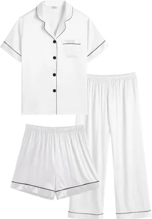 SWOMOG Kids Silk Pajamas 3 Piece Girls Boys Satin Pajamas Set Button-Down PJs Set Soft Loungewear Short Sleeve Sleepwear