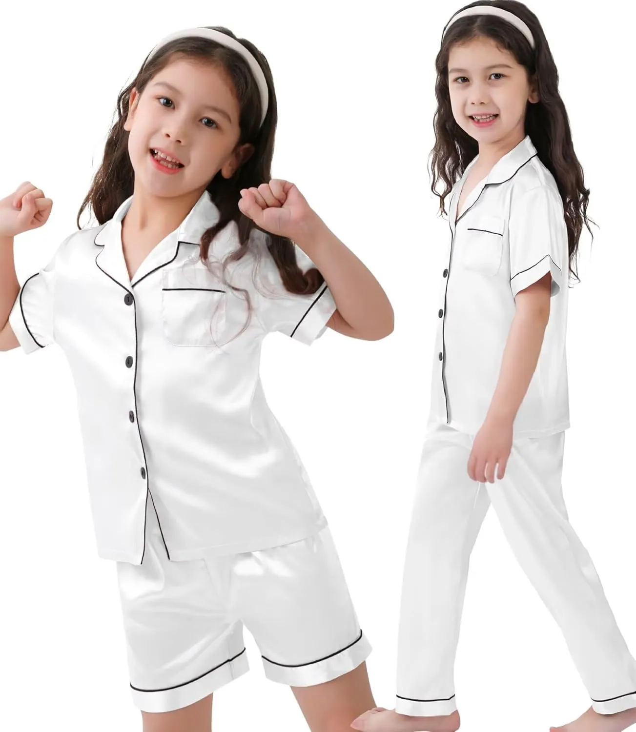 SWOMOG Kids Silk Pajamas 3 Piece Girls Boys Satin Pajamas Set Button-Down PJs Set Soft Loungewear Short Sleeve Sleepwear