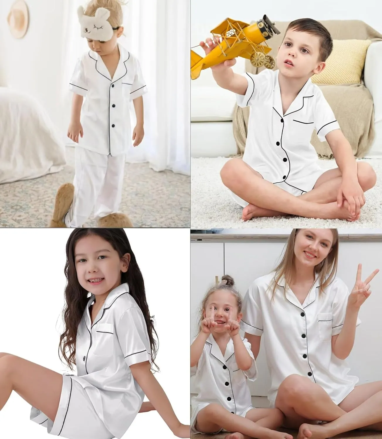 SWOMOG Kids Silk Pajamas 3 Piece Girls Boys Satin Pajamas Set Button-Down PJs Set Soft Loungewear Short Sleeve Sleepwear