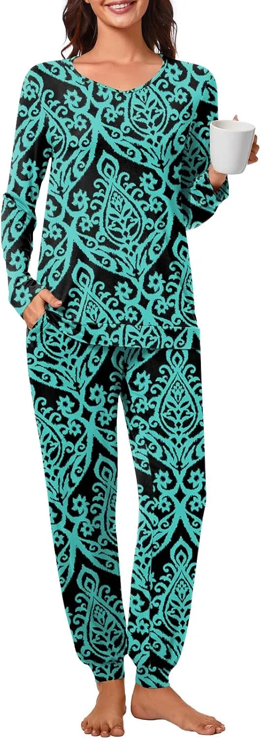 syoss Womens Pajama Set Long Sleeve Sleepwear Fall V-Neck Nightwear Soft Pjs 2 Piece Lounge Sets with Pockets