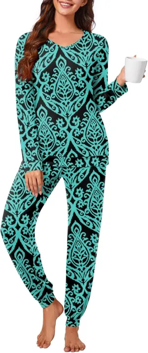 syoss Womens Pajama Set Long Sleeve Sleepwear Fall V-Neck Nightwear Soft Pjs 2 Piece Lounge Sets with Pockets