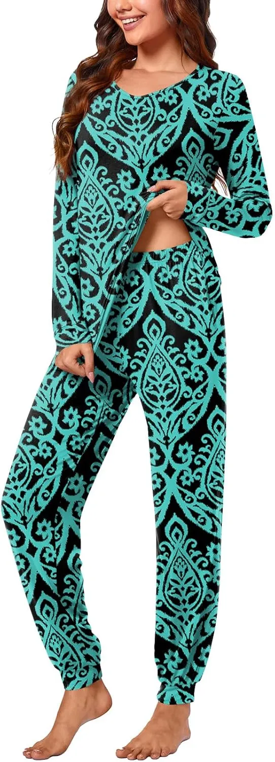 syoss Womens Pajama Set Long Sleeve Sleepwear Fall V-Neck Nightwear Soft Pjs 2 Piece Lounge Sets with Pockets