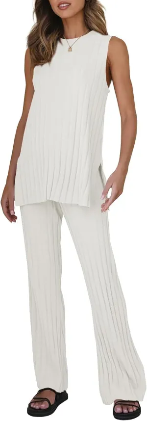 Tankaneo Two Pieces Outfits Sleeveless Top Knit Sets Trendy Lounge Long Pajamas Set