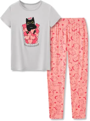 Tebbis Little & Big Girls Striped & Cat Pajama Set - Soft Modal Fiber 2-Piece Summer PJ’s in Sizes 6-18
