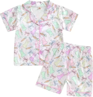 Toddler Baby Girl Easter Day Silk Pajamas Set Feather Trim Button Up Shirts Tops Shorts Pants Bunny Satin 2PCS Pj Set