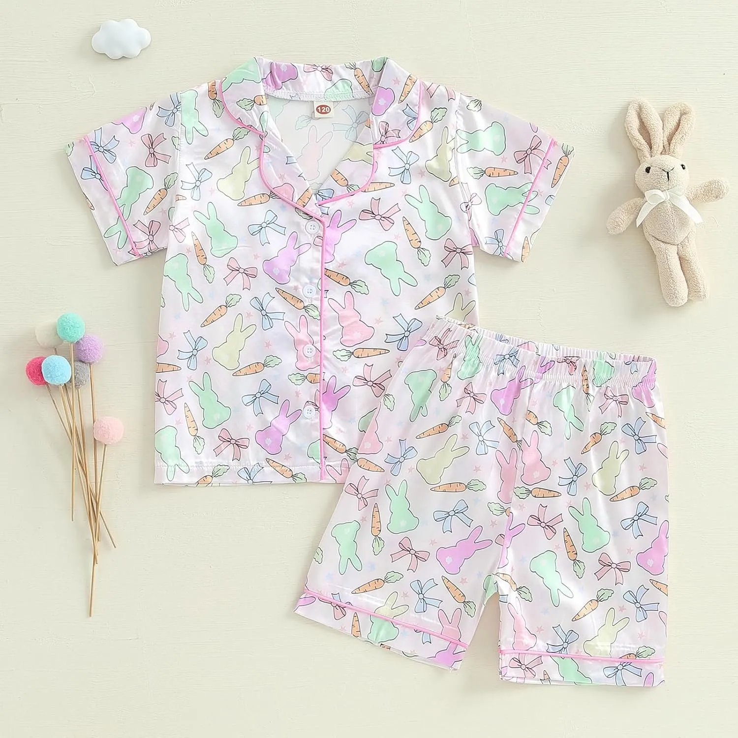 Toddler Baby Girl Easter Day Silk Pajamas Set Feather Trim Button Up Shirts Tops Shorts Pants Bunny Satin 2PCS Pj Set