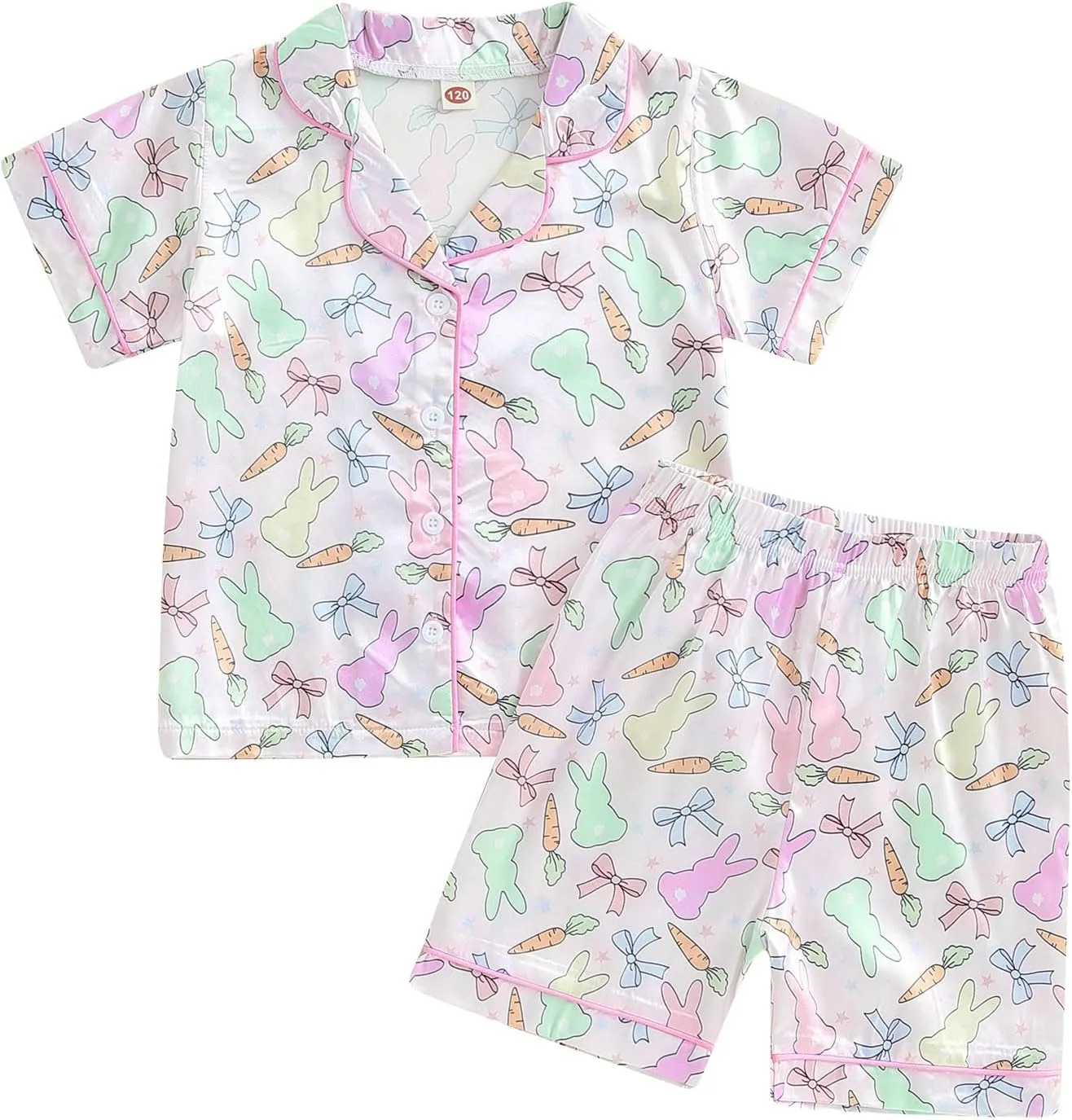 Toddler Baby Girl Easter Day Silk Pajamas Set Feather Trim Button Up Shirts Tops Shorts Pants Bunny Satin 2PCS Pj Set
