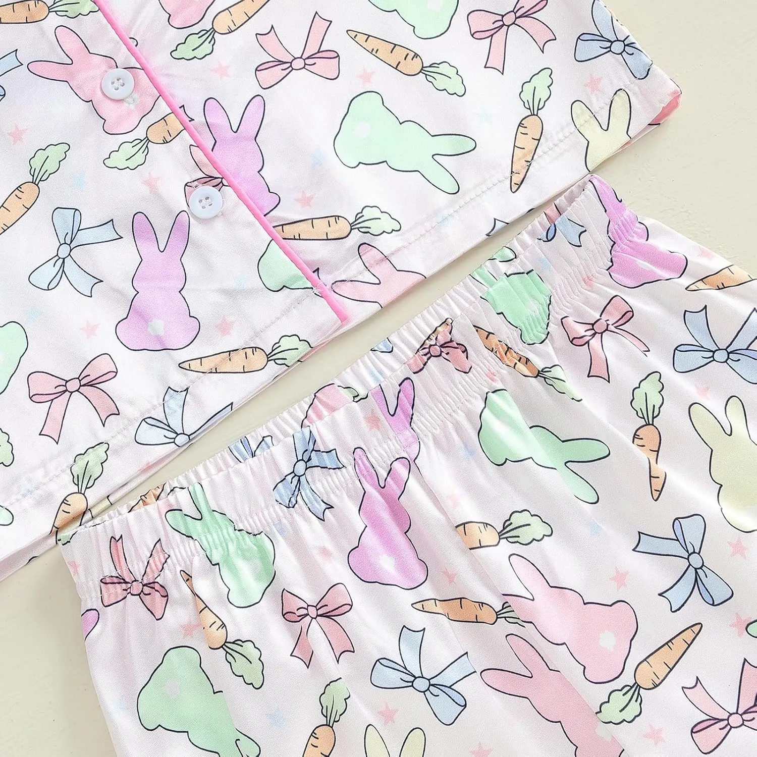 Toddler Baby Girl Easter Day Silk Pajamas Set Feather Trim Button Up Shirts Tops Shorts Pants Bunny Satin 2PCS Pj Set