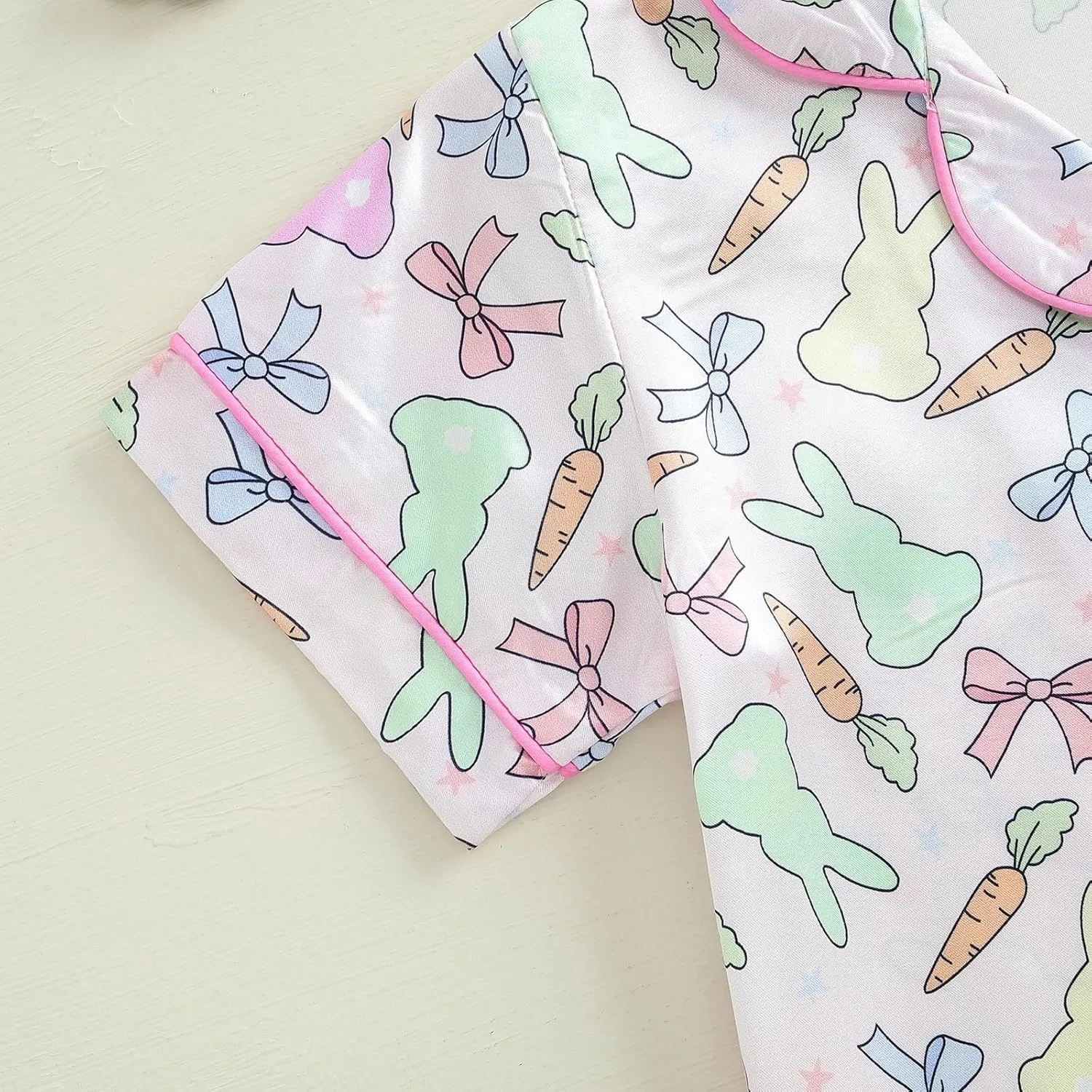 Toddler Baby Girl Easter Day Silk Pajamas Set Feather Trim Button Up Shirts Tops Shorts Pants Bunny Satin 2PCS Pj Set