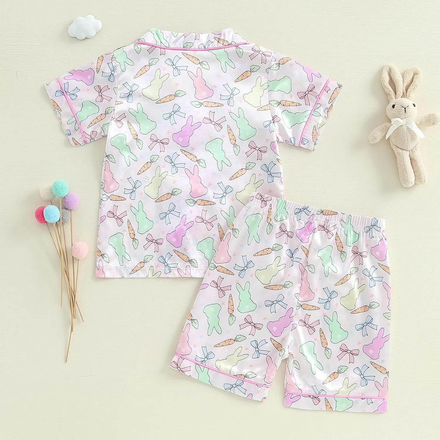 Toddler Baby Girl Easter Day Silk Pajamas Set Feather Trim Button Up Shirts Tops Shorts Pants Bunny Satin 2PCS Pj Set