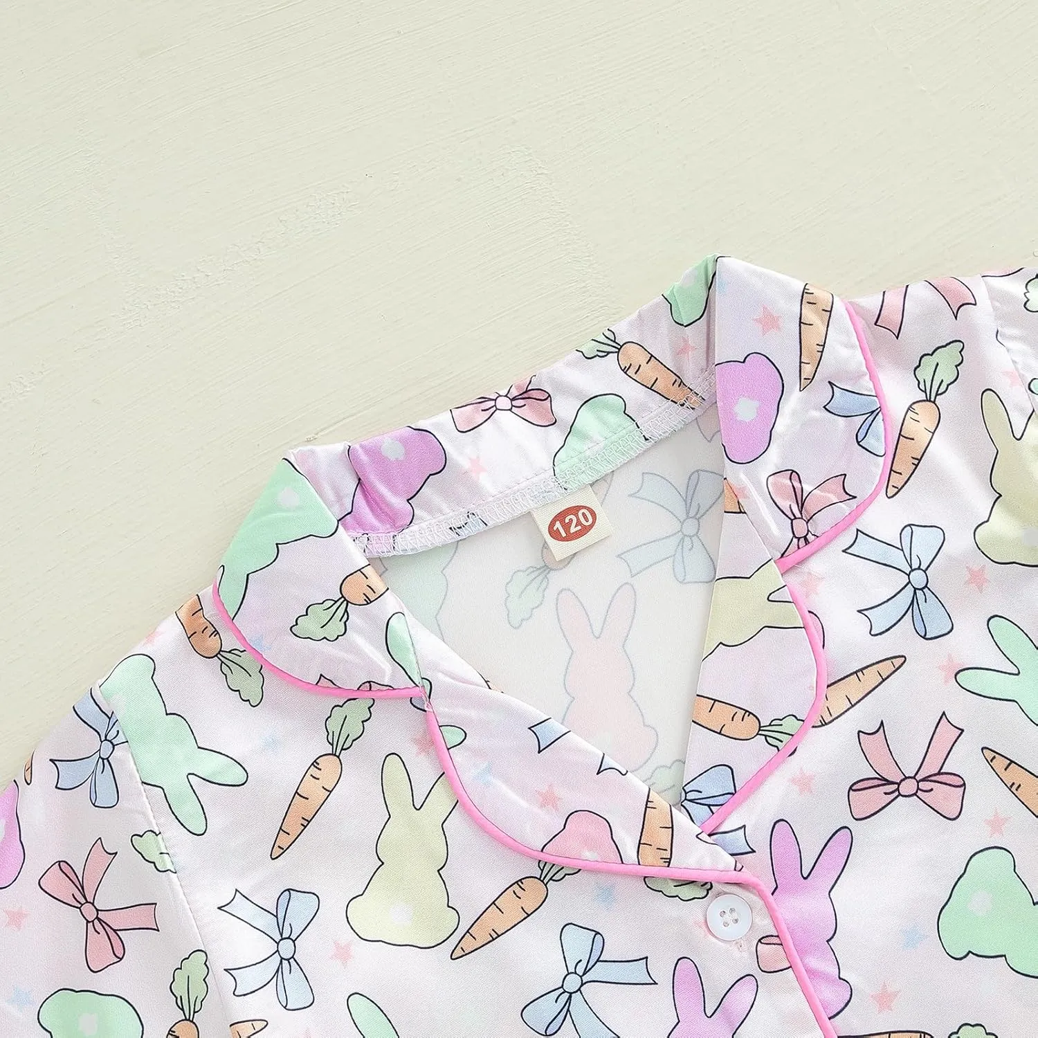 Toddler Baby Girl Easter Day Silk Pajamas Set Feather Trim Button Up Shirts Tops Shorts Pants Bunny Satin 2PCS Pj Set