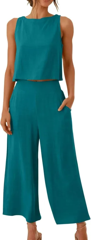 Two Piece Linen Sets for Women Pants Casual Dressy Outfit Sleeveless Crop Tank Wide Leg Pants Sets Matching Loungewear