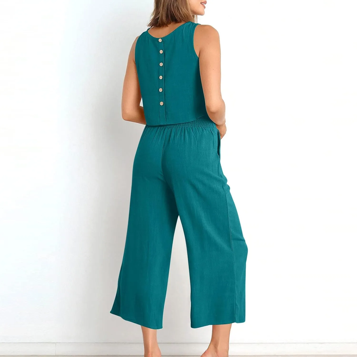 Two Piece Linen Sets for Women Pants Casual Dressy Outfit Sleeveless Crop Tank Wide Leg Pants Sets Matching Loungewear