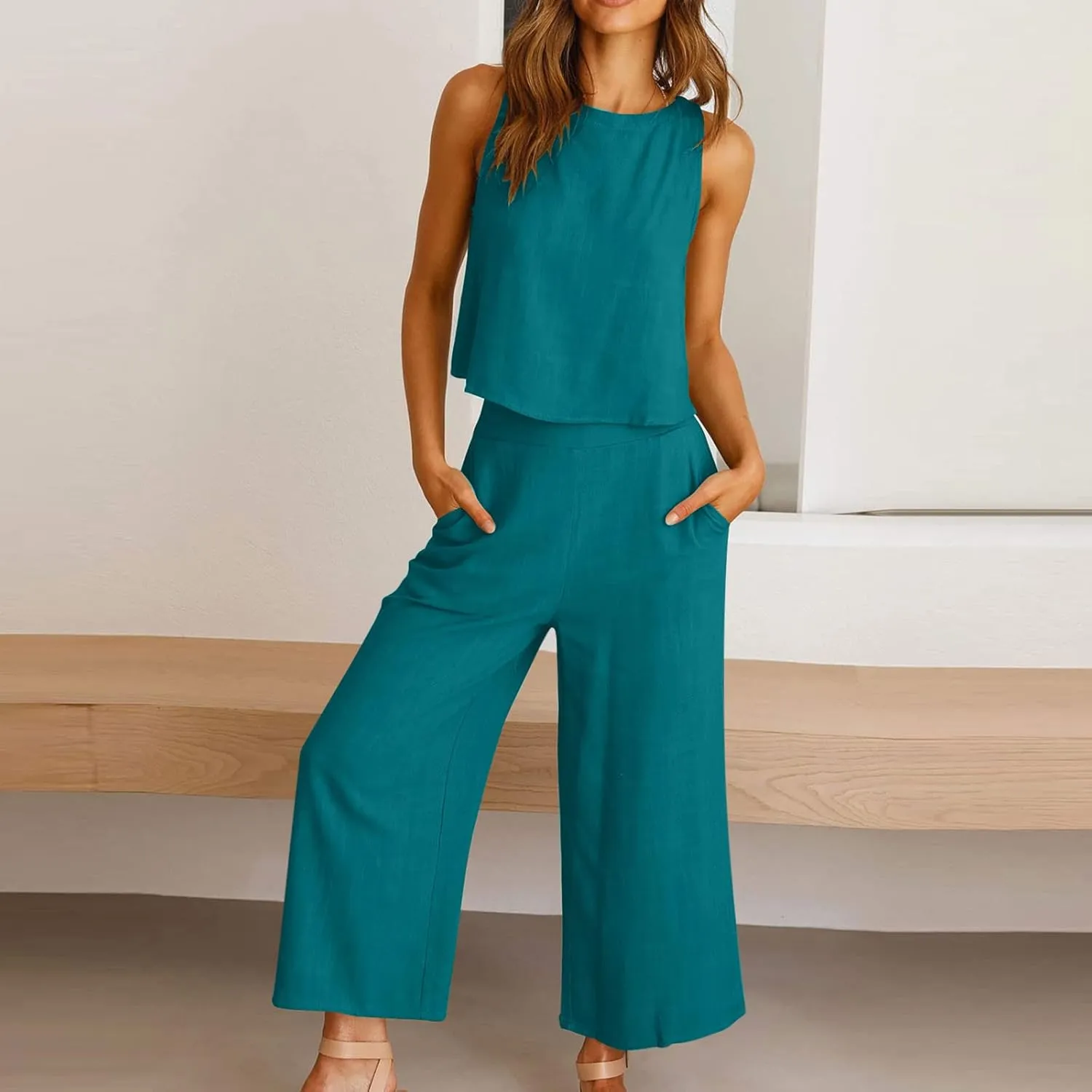 Two Piece Linen Sets for Women Pants Casual Dressy Outfit Sleeveless Crop Tank Wide Leg Pants Sets Matching Loungewear