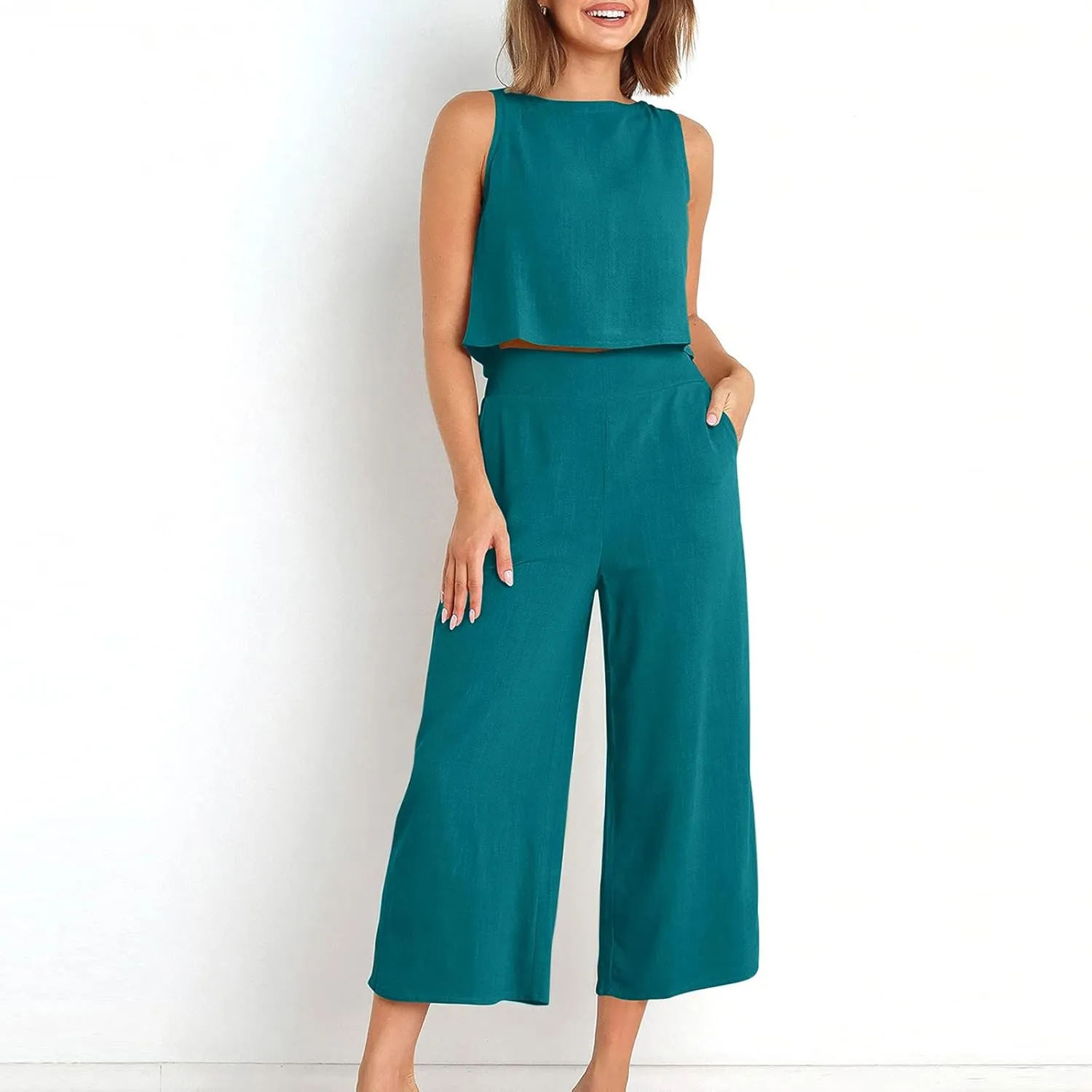 Two Piece Linen Sets for Women Pants Casual Dressy Outfit Sleeveless Crop Tank Wide Leg Pants Sets Matching Loungewear