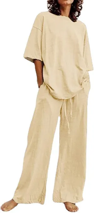 Two Piece Sets for Women 2024 Oversized Short Sleeve Shirt Loose Pullover Tops Wide Leg Pants Set Summer Linen Outfits