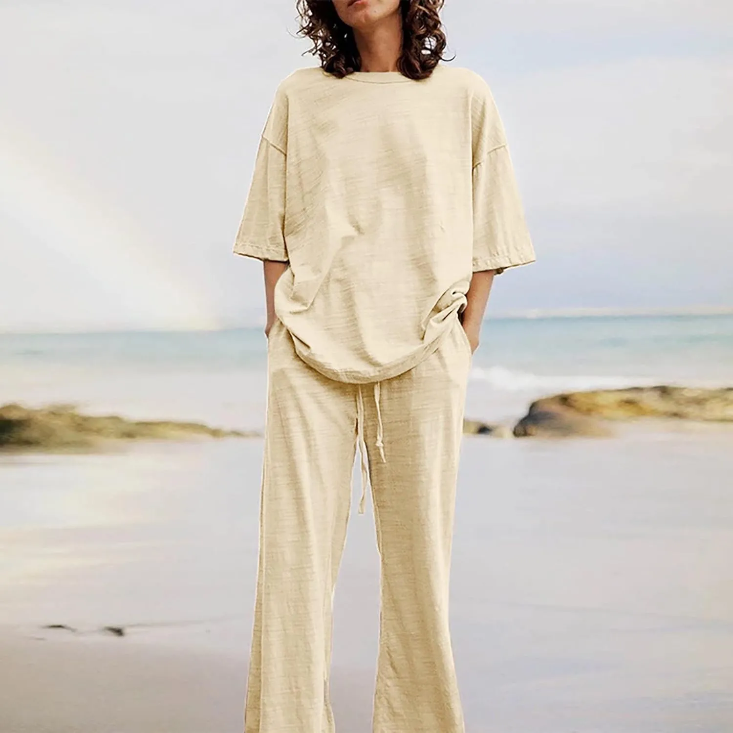 Two Piece Sets for Women 2024 Oversized Short Sleeve Shirt Loose Pullover Tops Wide Leg Pants Set Summer Linen Outfits