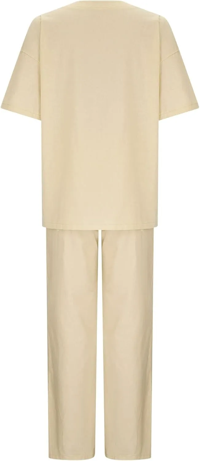 Two Piece Sets for Women 2024 Oversized Short Sleeve Shirt Loose Pullover Tops Wide Leg Pants Set Summer Linen Outfits