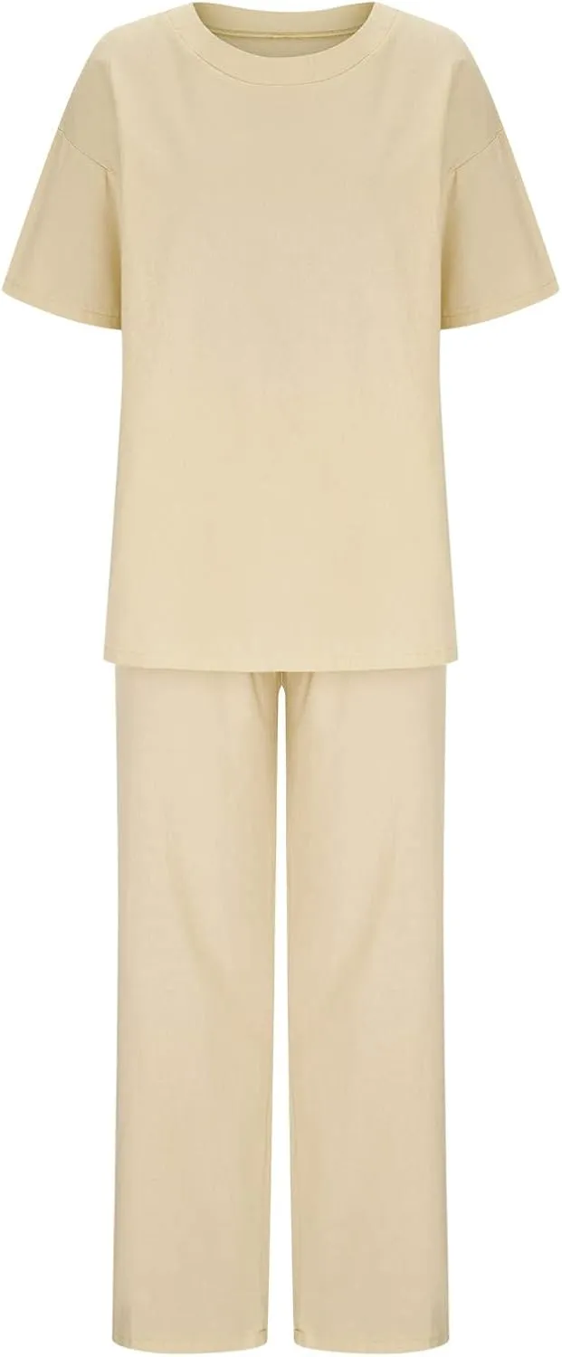 Two Piece Sets for Women 2024 Oversized Short Sleeve Shirt Loose Pullover Tops Wide Leg Pants Set Summer Linen Outfits
