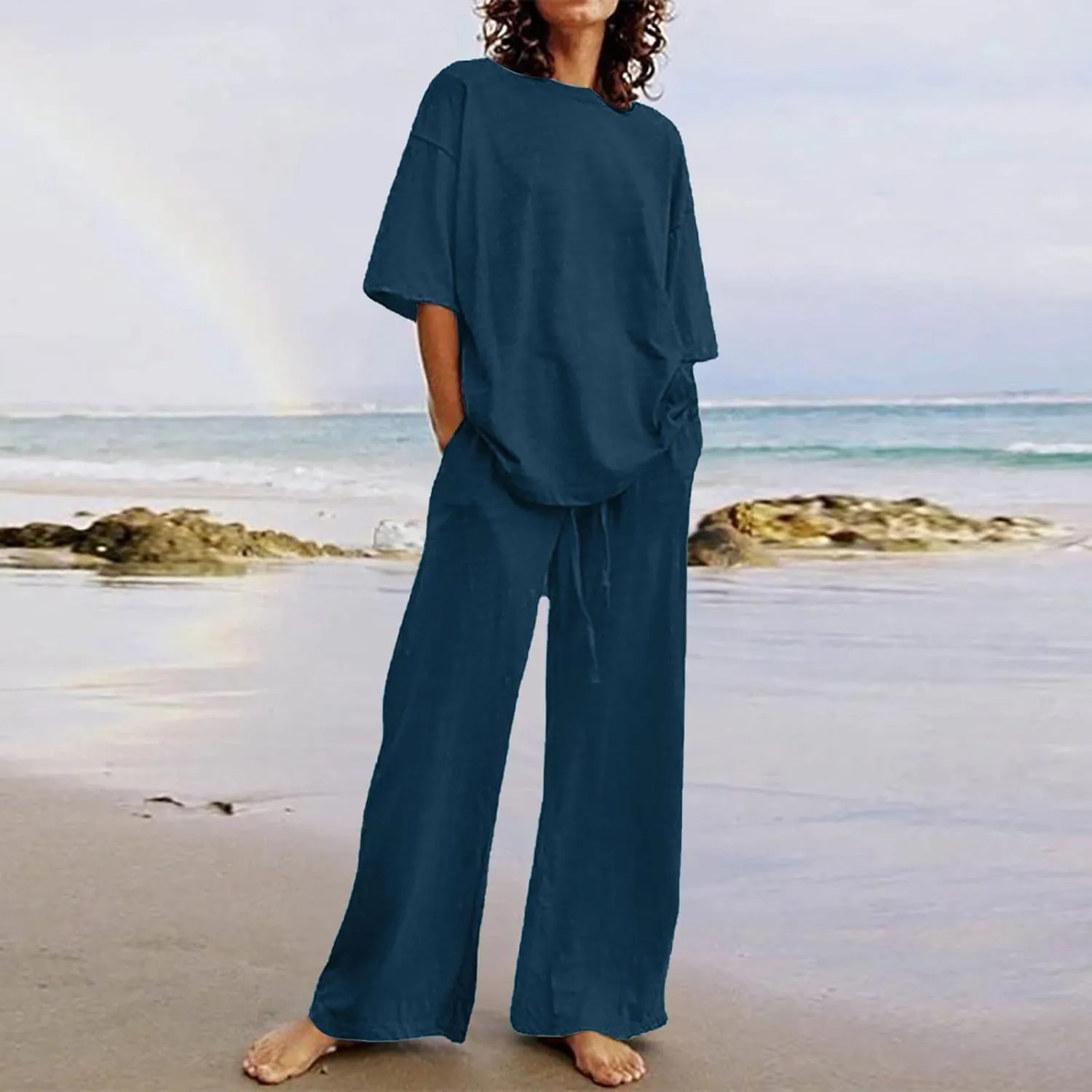 Two Piece Sets for Women 2024 Oversized Short Sleeve Shirt Loose Pullover Tops Wide Leg Pants Set Summer Linen Outfits