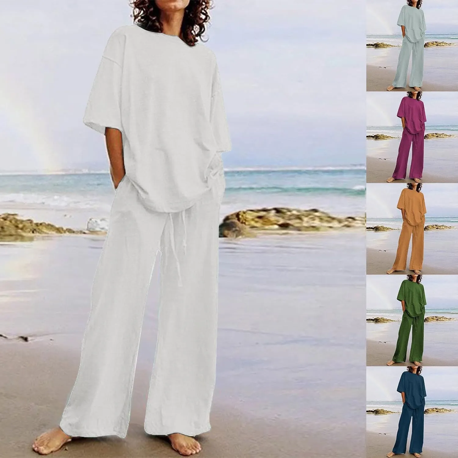 Two Piece Sets for Women 2024 Oversized Short Sleeve Shirt Loose Pullover Tops Wide Leg Pants Set Summer Linen Outfits