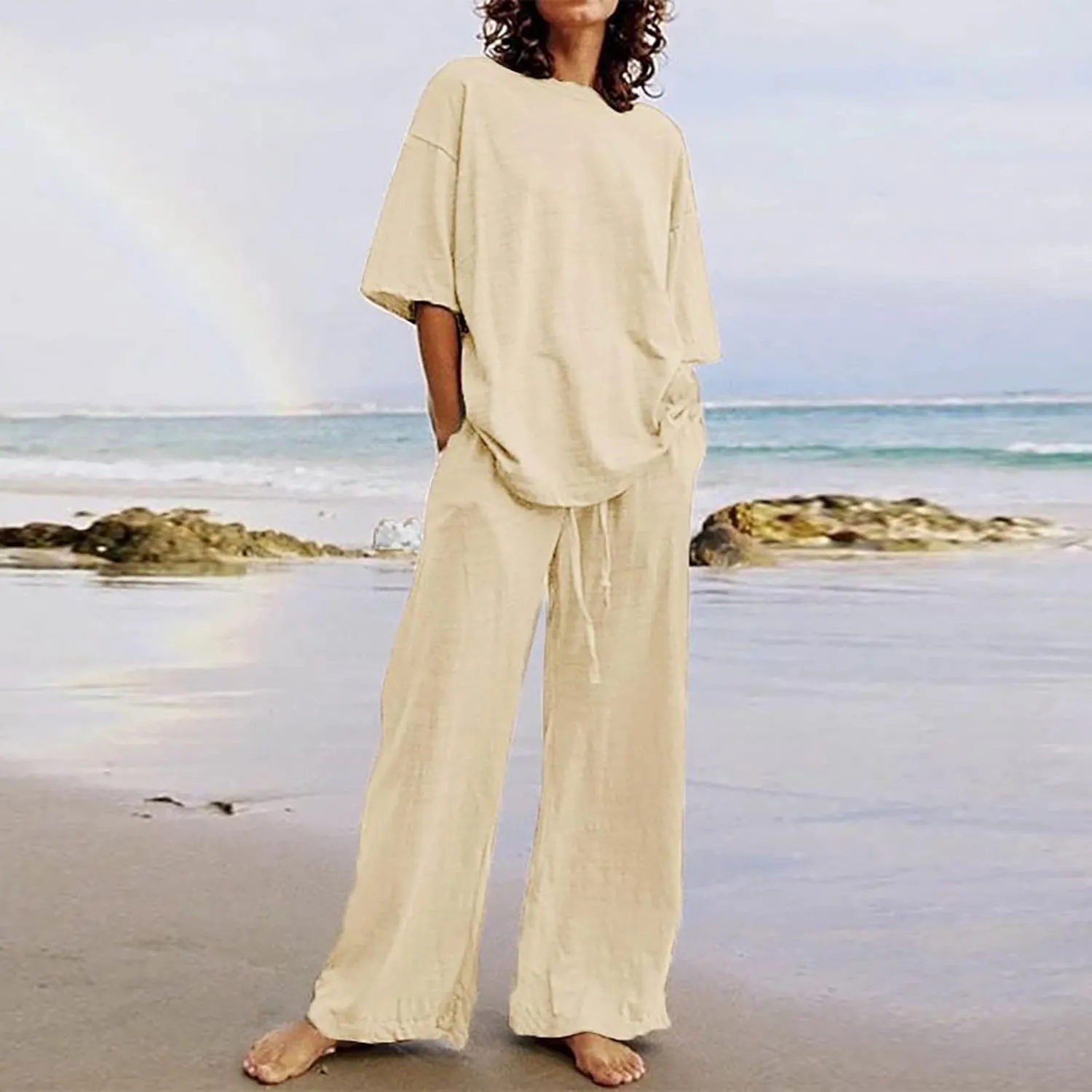 Two Piece Sets for Women 2024 Oversized Short Sleeve Shirt Loose Pullover Tops Wide Leg Pants Set Summer Linen Outfits