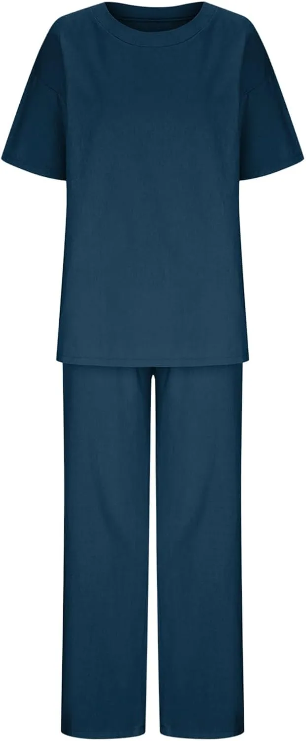 Two Piece Sets for Women 2024 Oversized Short Sleeve Shirt Loose Pullover Tops Wide Leg Pants Set Summer Linen Outfits