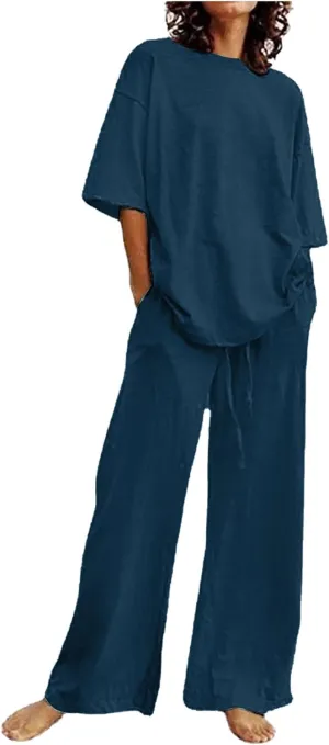 Two Piece Sets for Women 2024 Oversized Short Sleeve Shirt Loose Pullover Tops Wide Leg Pants Set Summer Linen Outfits