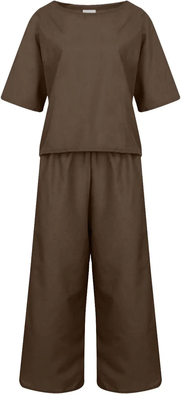 Two Piece Sets for Women Matching Lounge Set Short Sleeve Tops Baggy Wide Leg Pants Summer Outfit Cotton Linen Clothes