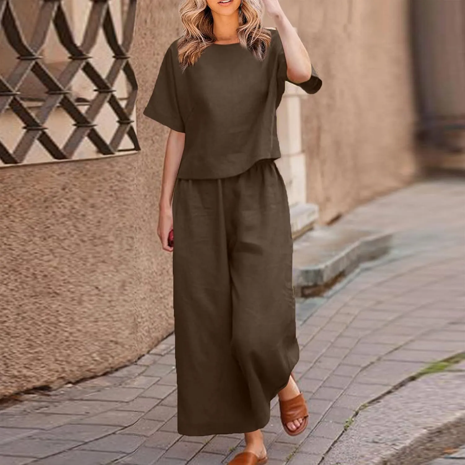 Two Piece Sets for Women Matching Lounge Set Short Sleeve Tops Baggy Wide Leg Pants Summer Outfit Cotton Linen Clothes