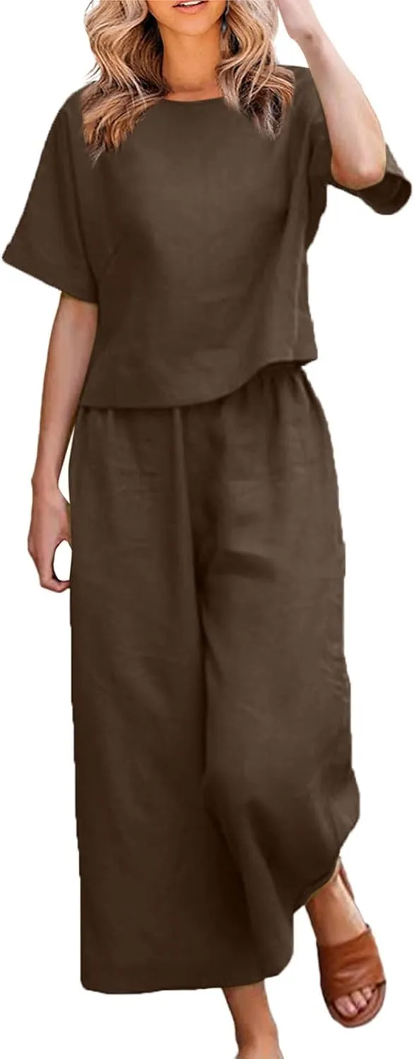 Two Piece Sets for Women Matching Lounge Set Short Sleeve Tops Baggy Wide Leg Pants Summer Outfit Cotton Linen Clothes