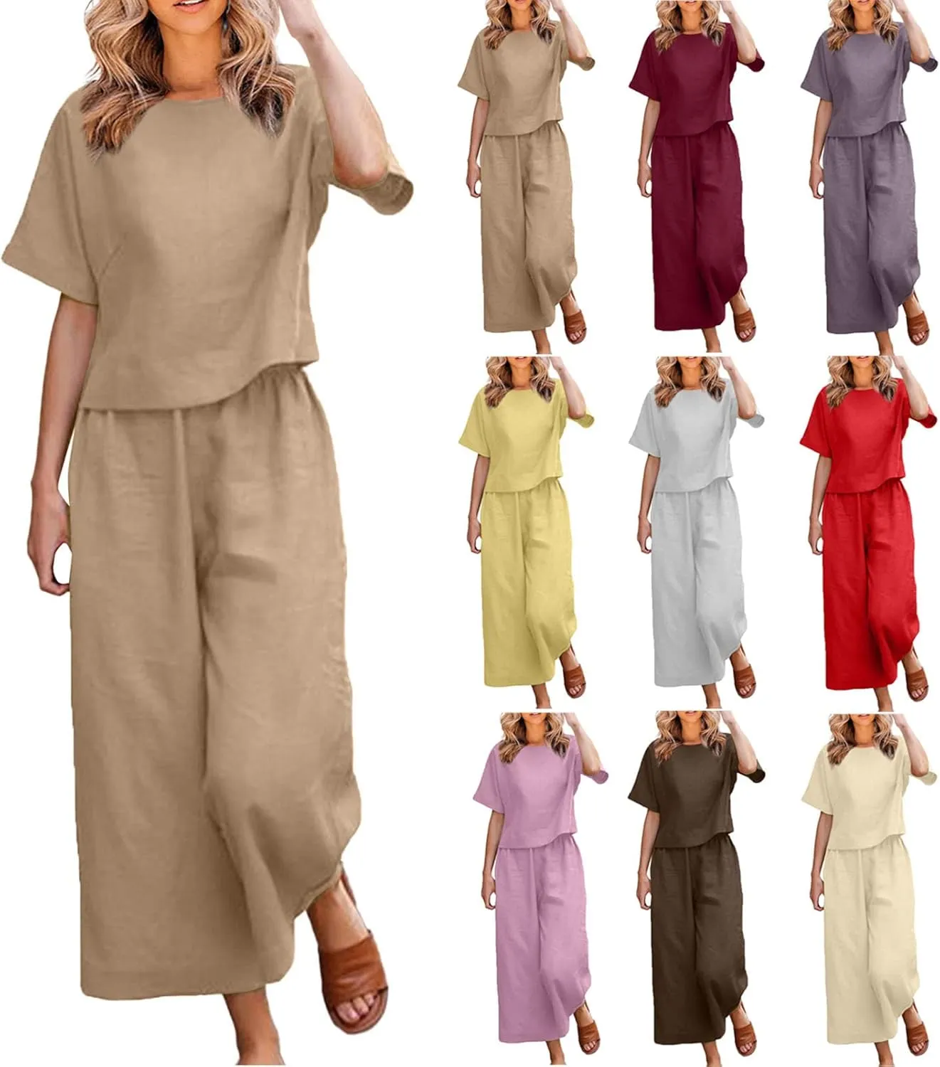 Two Piece Sets for Women Matching Lounge Set Short Sleeve Tops Baggy Wide Leg Pants Summer Outfit Cotton Linen Clothes