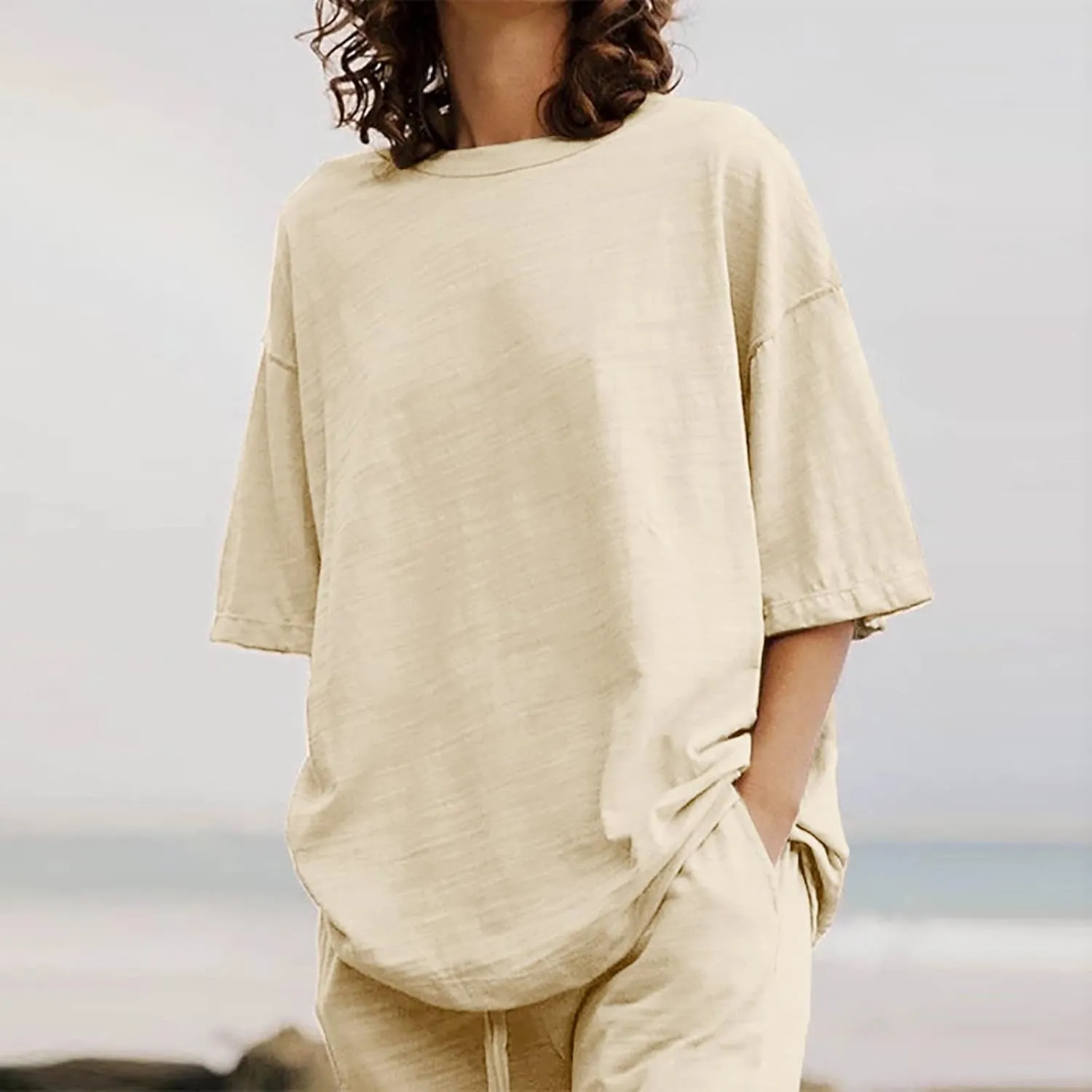Two Piece Sets for Women Summer Linen Casual Outfit Crewneck 3/4 Sleeve Tops High Waist Wide Leg Pants with Pockets