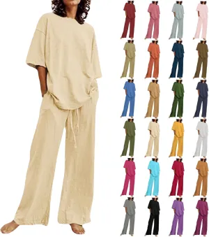 Two Piece Sets for Women Summer Linen Casual Outfit Crewneck 3/4 Sleeve Tops High Waist Wide Leg Pants with Pockets