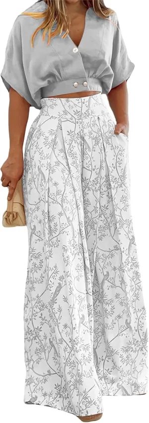Two Piece Sets for Women Summer Short Sleeve V Neck Sexy Crop Tops Matching Print Wide Leg Pants Set Lounge Sets