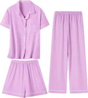 Umeyda Girls Pajamas Set Soft Short Sleeve Button-Down Sleepwea Nightwear 3Pjs Set Loungewear, 5-14 Years