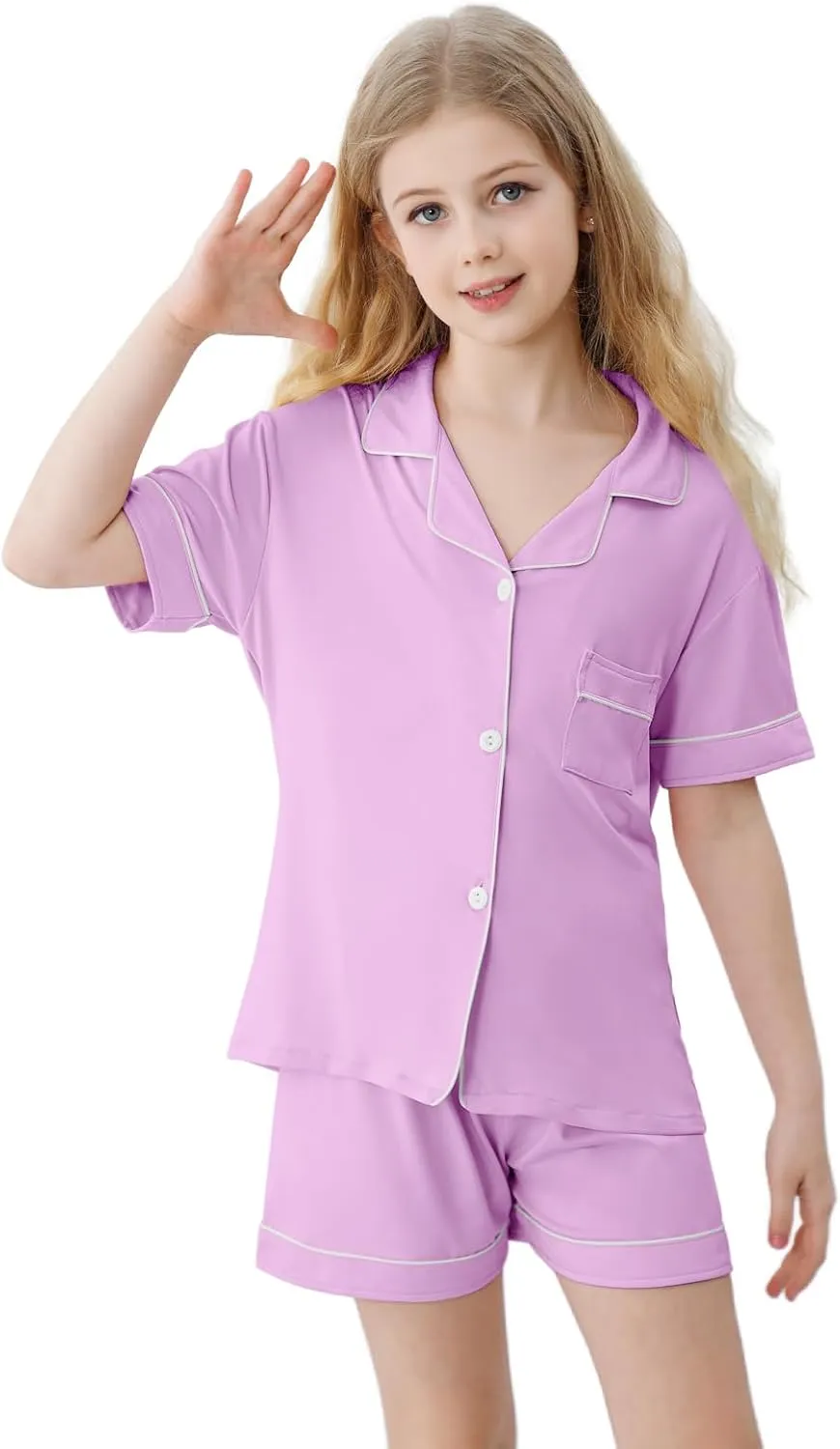 Umeyda Girls Pajamas Set Soft Short Sleeve Button-Down Sleepwea Nightwear 3Pjs Set Loungewear, 5-14 Years