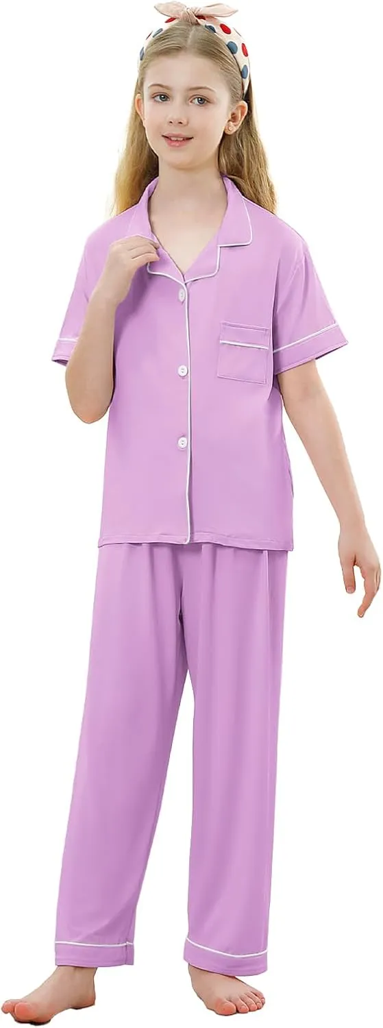 Umeyda Girls Pajamas Set Soft Short Sleeve Button-Down Sleepwea Nightwear 3Pjs Set Loungewear, 5-14 Years