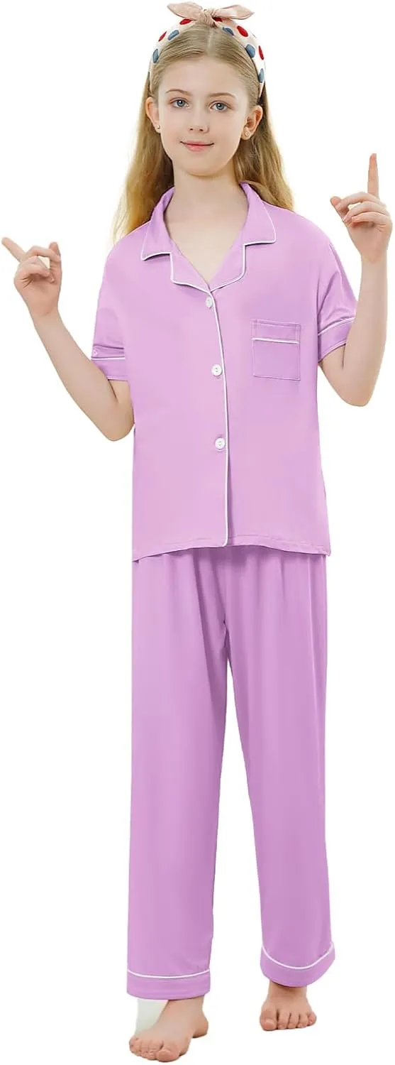 Umeyda Girls Pajamas Set Soft Short Sleeve Button-Down Sleepwea Nightwear 3Pjs Set Loungewear, 5-14 Years